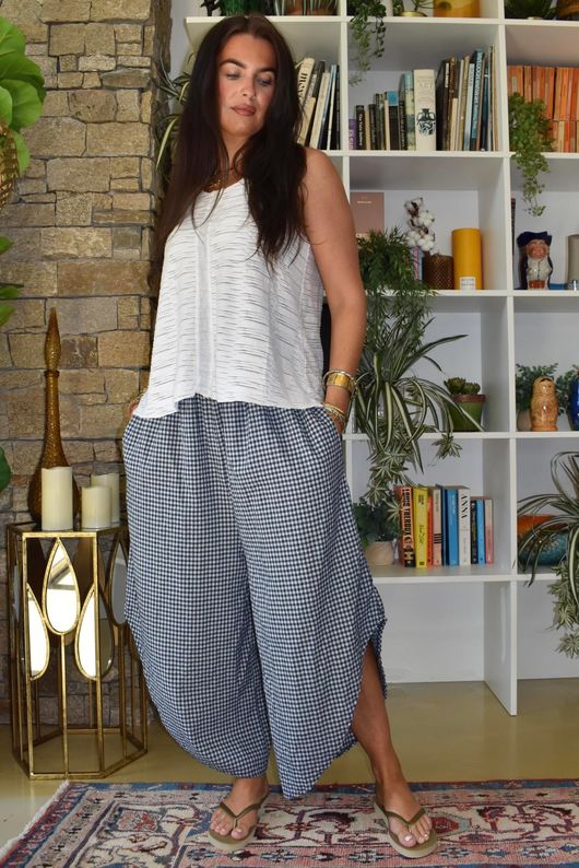 Arbi Gingham Shirring Bandeau Jumpsuit Navy